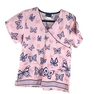 Tafford Women's Scrub Top Size X Small Pink Black Butterfly Medical Nursing